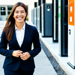 하이브리드차 충전소 - **Subject:** A woman in a business suit, fully clothed and smiling, walking towards several EV charg...