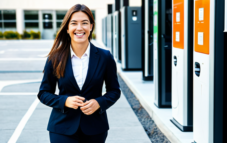 하이브리드차 충전소 - **Subject:** A woman in a business suit, fully clothed and smiling, walking towards several EV charg...