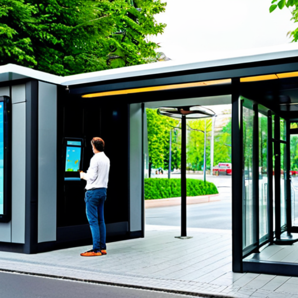 스마트 시티 통합 교통 시스템 - Smart Bus Stop of the Future**

"A futuristic, covered bus stop in a modern city center, showing rea...