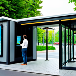 스마트 시티 통합 교통 시스템 - Smart Bus Stop of the Future**

"A futuristic, covered bus stop in a modern city center, showing rea...