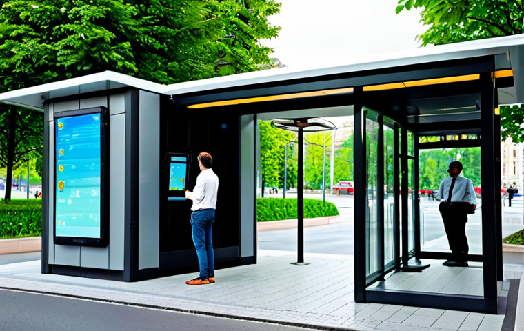 스마트 시티 통합 교통 시스템 - Smart Bus Stop of the Future**

"A futuristic, covered bus stop in a modern city center, showing rea...