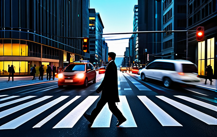 도로에 스마트 센서 배치 - **Prompt:** A city street scene at dusk, showcasing smart traffic lights dynamically adjusting to tr...