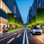 미래 운송 기업들 - **Prompt: "A high-angle, photorealistic shot of a futuristic urban street at dusk, showcasing fully ...