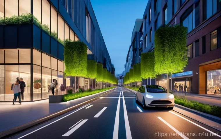 미래 운송 기업들 - **Prompt: "A high-angle, photorealistic shot of a futuristic urban street at dusk, showcasing fully ...