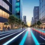 5G 기술과 운송 - **Prompt:** A bustling, futuristic cityscape at dusk, showcasing seamless "Vehicle-to-Everything" (V...