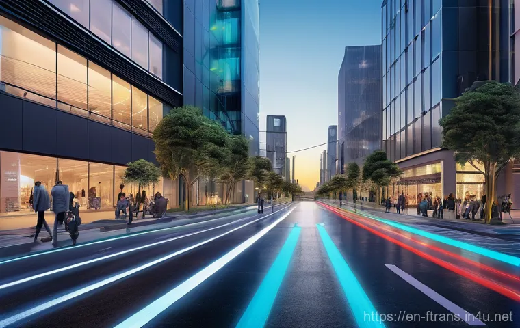 5G 기술과 운송 - **Prompt:** A bustling, futuristic cityscape at dusk, showcasing seamless "Vehicle-to-Everything" (V...