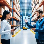 Home 5 스마트 물류 산업 - A futuristic, brightly lit automated warehouse interior. Autonomous Mobile Robots (AMRs) gracefully ...