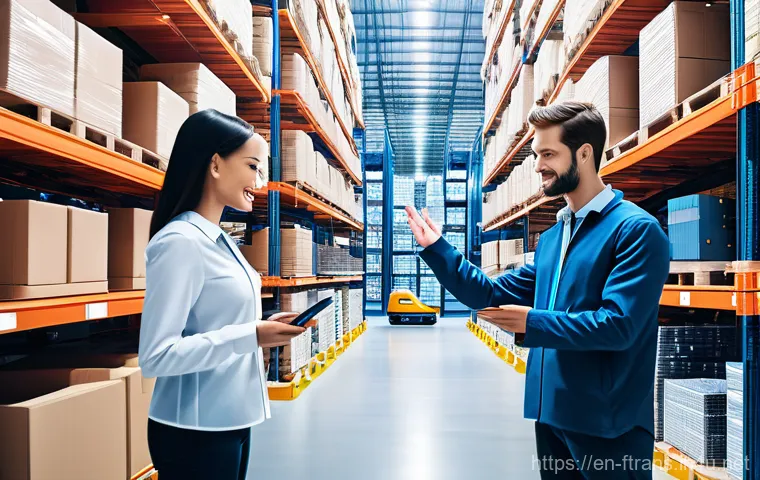 스마트 물류 산업 - A futuristic, brightly lit automated warehouse interior. Autonomous Mobile Robots (AMRs) gracefully ...