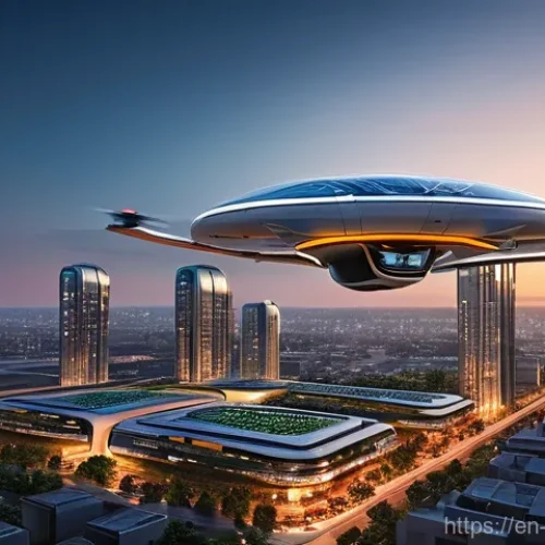 Home 16 하늘을 나는 자동차 기술 - **Urban Air Mobility at Dusk:** A serene, futuristic cityscape at dusk, bathed in the warm glow of a...