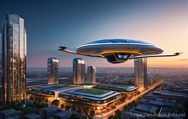 하늘을 나는 자동차 기술 - **Urban Air Mobility at Dusk:** A serene, futuristic cityscape at dusk, bathed in the warm glow of a...