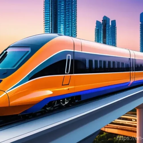 Home 15 고속철도 상용화 - **A cutting-edge, ultra-modern high-speed train, possibly a Maglev, is depicted speeding through a v...
