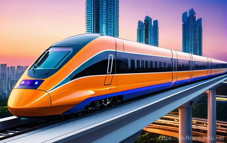 고속철도 상용화 - **A cutting-edge, ultra-modern high-speed train, possibly a Maglev, is depicted speeding through a v...