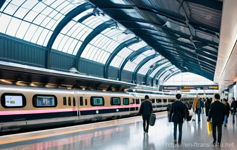 고속철도 상용화 - **A cutting-edge, ultra-modern high-speed train, possibly a Maglev, is depicted speeding through a v... 고속철도 상용화 - **A cutting-edge, ultra-modern high-speed train, possibly a Maglev, is depicted speeding through a v...