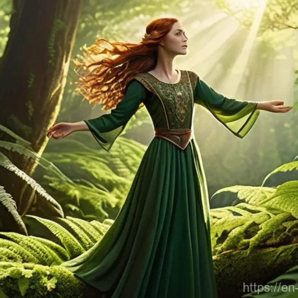플라잉 택시 비용 - **Prompt 1: Enchanted Forest Guardian**
A young woman with flowing auburn hair, dressed in a mod...