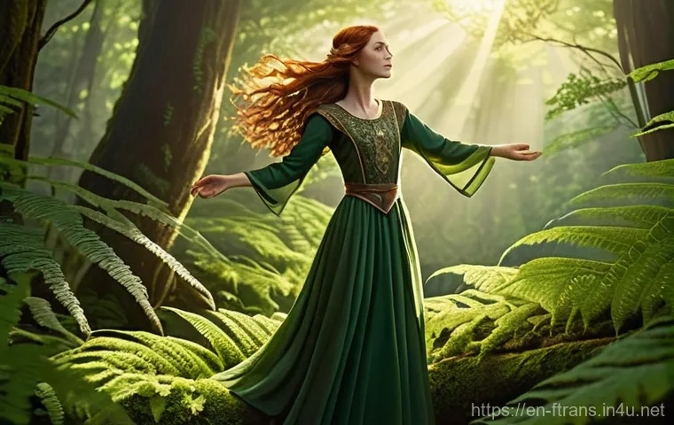 플라잉 택시 비용 - **Prompt 1: Enchanted Forest Guardian**
A young woman with flowing auburn hair, dressed in a mod...