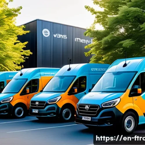 친환경 물류 - A modern urban delivery scene featuring a fleet of sleek electric delivery vans painted in bright co...