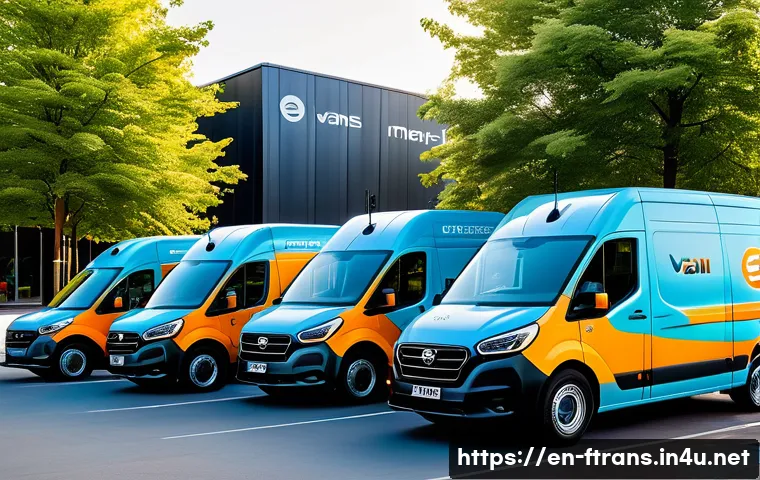 친환경 물류 - A modern urban delivery scene featuring a fleet of sleek electric delivery vans painted in bright co...