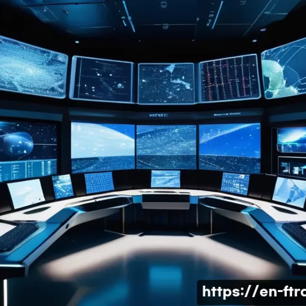 우주 교통 인프라 - A futuristic space traffic control center on Earth featuring large transparent digital displays show...