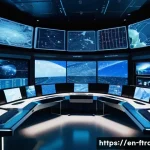 우주 교통 인프라 - A futuristic space traffic control center on Earth featuring large transparent digital displays show...