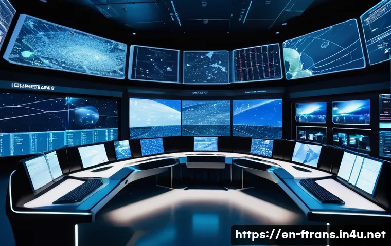 우주 교통 인프라 - A futuristic space traffic control center on Earth featuring large transparent digital displays show...