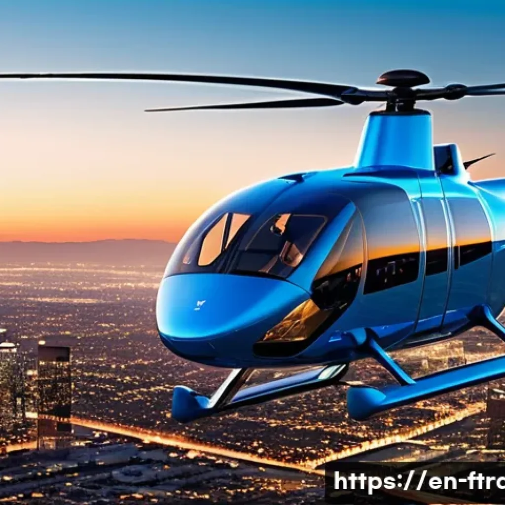 플라잉 택시 - A sleek Joby Aviation S4 electric vertical takeoff and landing aircraft flying over a futuristic Los...