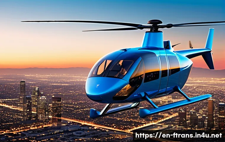 플라잉 택시 - A sleek Joby Aviation S4 electric vertical takeoff and landing aircraft flying over a futuristic Los...