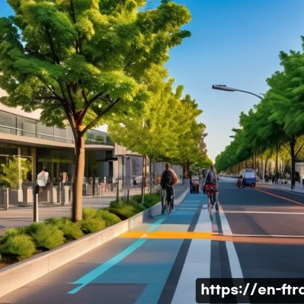 지속 가능한 운송 - A vibrant urban street scene at dusk featuring diverse people walking and cycling on wide, protected...