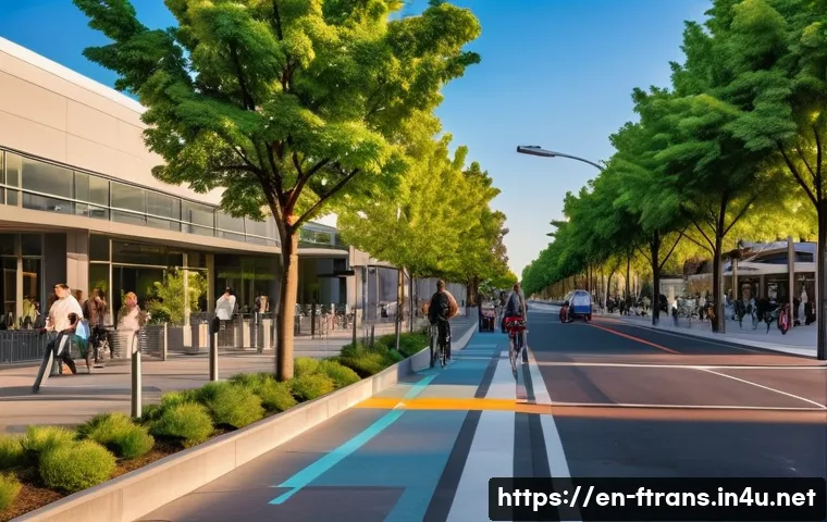 지속 가능한 운송 - A vibrant urban street scene at dusk featuring diverse people walking and cycling on wide, protected...