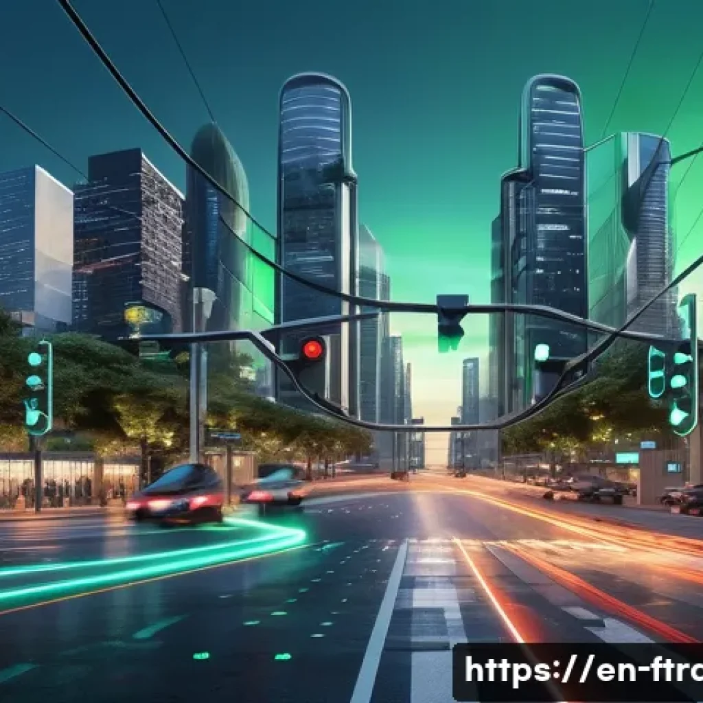 AI 교통 관리 - A futuristic urban intersection at dusk featuring adaptive traffic lights with glowing AI interfaces...