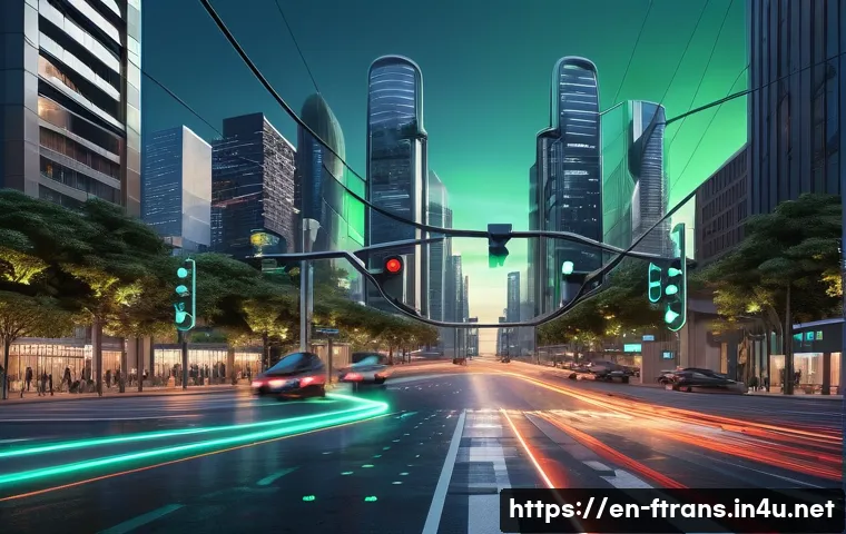 AI 교통 관리 - A futuristic urban intersection at dusk featuring adaptive traffic lights with glowing AI interfaces...
