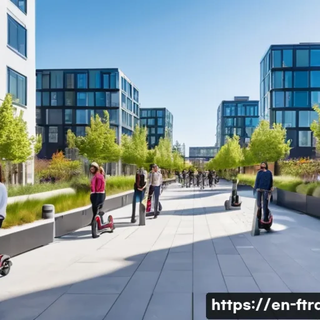 공유 경제와 도심 항공 모빌리티 - A vibrant urban street scene featuring diverse city residents interacting around shared electric sco...