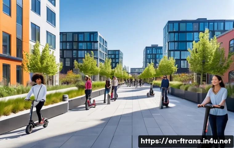 공유 경제와 도심 항공 모빌리티 - A vibrant urban street scene featuring diverse city residents interacting around shared electric sco...