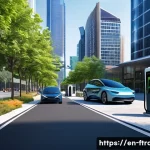 Home 22 미래 운송 산업 동향 - A futuristic urban street scene showcasing a variety of electric vehicles (EVs) in motion and parked...