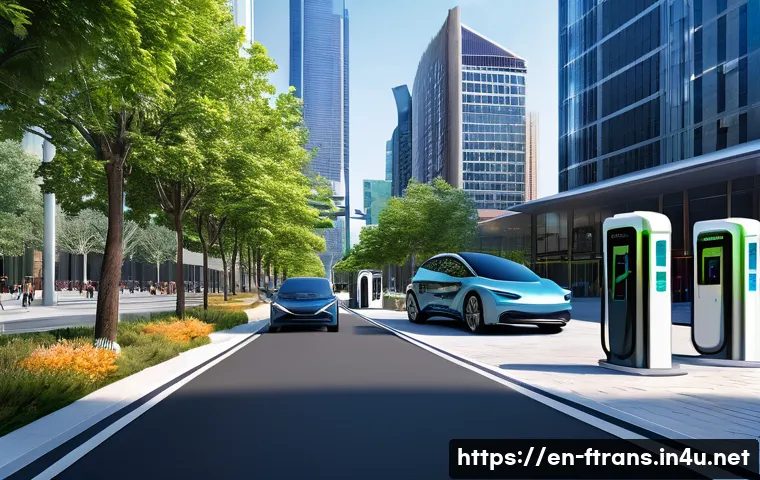 미래 운송 산업 동향 - A futuristic urban street scene showcasing a variety of electric vehicles (EVs) in motion and parked...