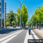 Home 21 공유 스쿠터 - A vibrant urban street scene during daytime featuring diverse city dwellers using electric scooters ...