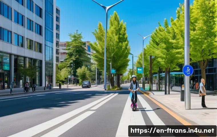 공유 스쿠터 - A vibrant urban street scene during daytime featuring diverse city dwellers using electric scooters ...