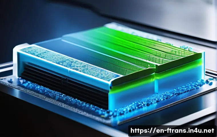 고체 배터리 - A highly detailed cross-sectional illustration of a solid-state battery showing layered components: ...