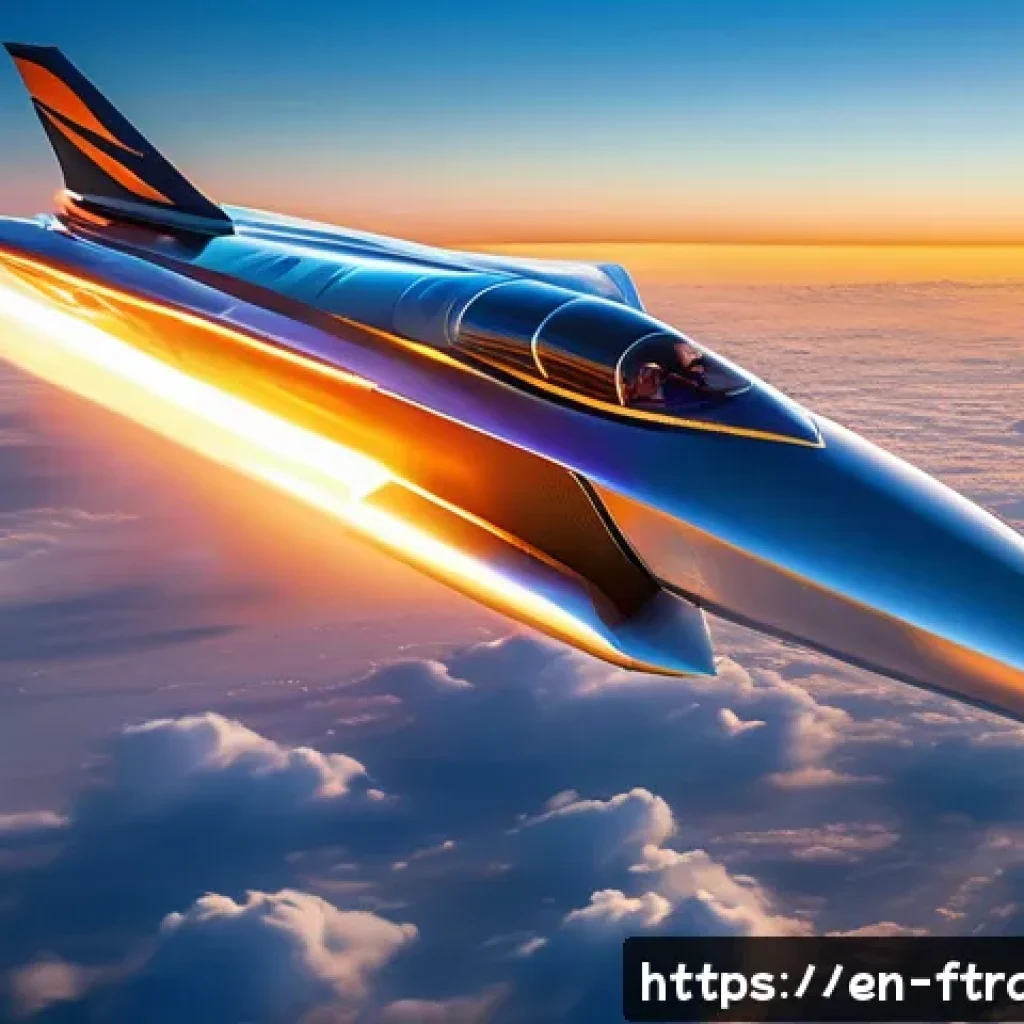 우주 항공 운송 - A sleek hypersonic aircraft soaring above the clouds at sunset, flying at Mach 5 speed with a glowin...