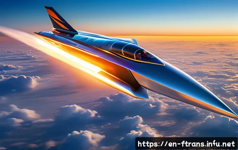 우주 항공 운송 - A sleek hypersonic aircraft soaring above the clouds at sunset, flying at Mach 5 speed with a glowin...
