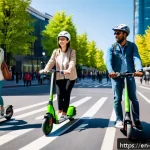 Home 18 공유 경제와 스마트 모빌리티 - A vibrant urban street scene during daytime showing diverse people using various micro-mobility opti...