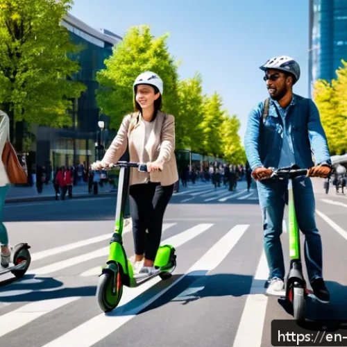 Home 30 공유 경제와 스마트 모빌리티 - A vibrant urban street scene during daytime showing diverse people using various micro-mobility opti...