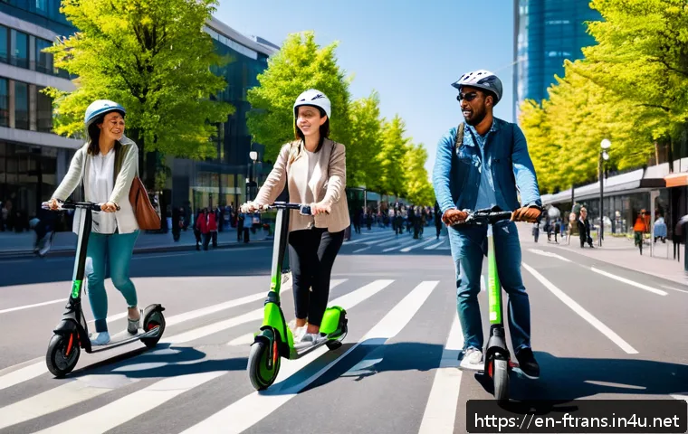 공유 경제와 스마트 모빌리티 - A vibrant urban street scene during daytime showing diverse people using various micro-mobility opti...