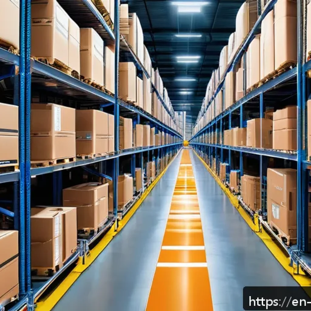 물류 로봇 - A modern warehouse interior bustling with autonomous logistics robots navigating narrow aisles betwe...