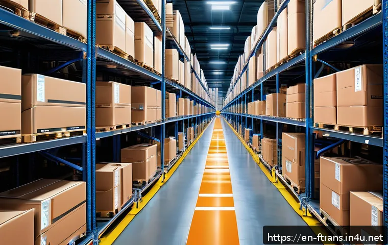 물류 로봇 - A modern warehouse interior bustling with autonomous logistics robots navigating narrow aisles betwe...
