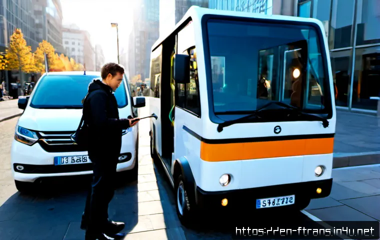 Home 30 모빌리티 서비스 기업 - Photorealistic urban mobility service scene, diverse commuters using a clean electric shuttle van at...