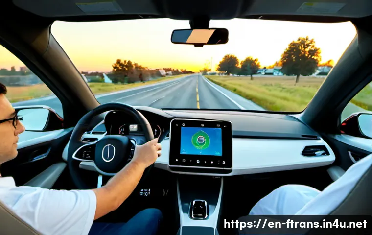Home 17 인공지능 자율주행 - Photorealistic view from the back seat of a modern autonomous electric car traveling on a clean subu...