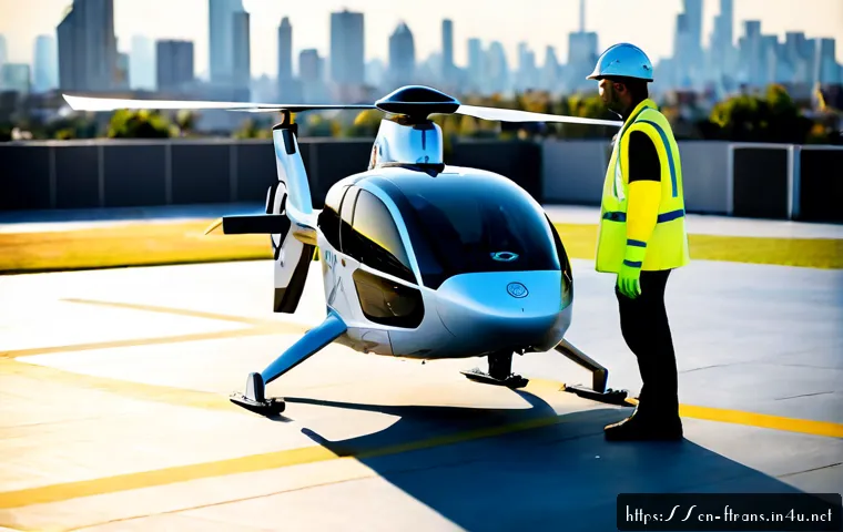 Home 17 플라잉 택시 안전성 - Photorealistic urban vertiport safety inspection, a modern electric flying taxi resting on a marked ...