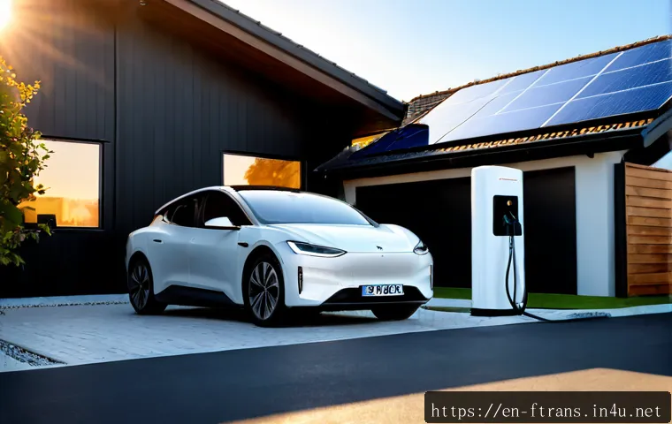 자동차 혁신 기술 - Photorealistic modern electric vehicle charging in a clean suburban driveway at early morning, sleek...