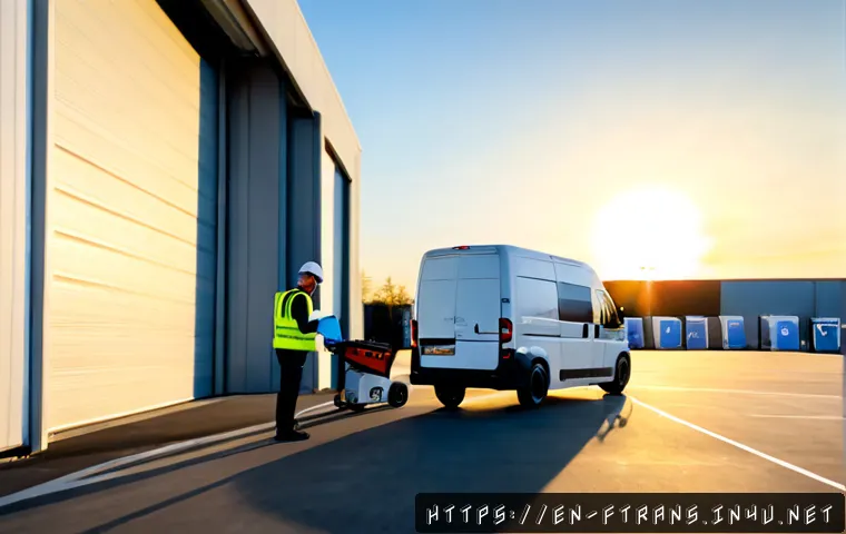 Home 17 미래 운송과 물류 혁신 - Photorealistic autonomous electric delivery van loading reusable parcels beside a modern urban fulfi...